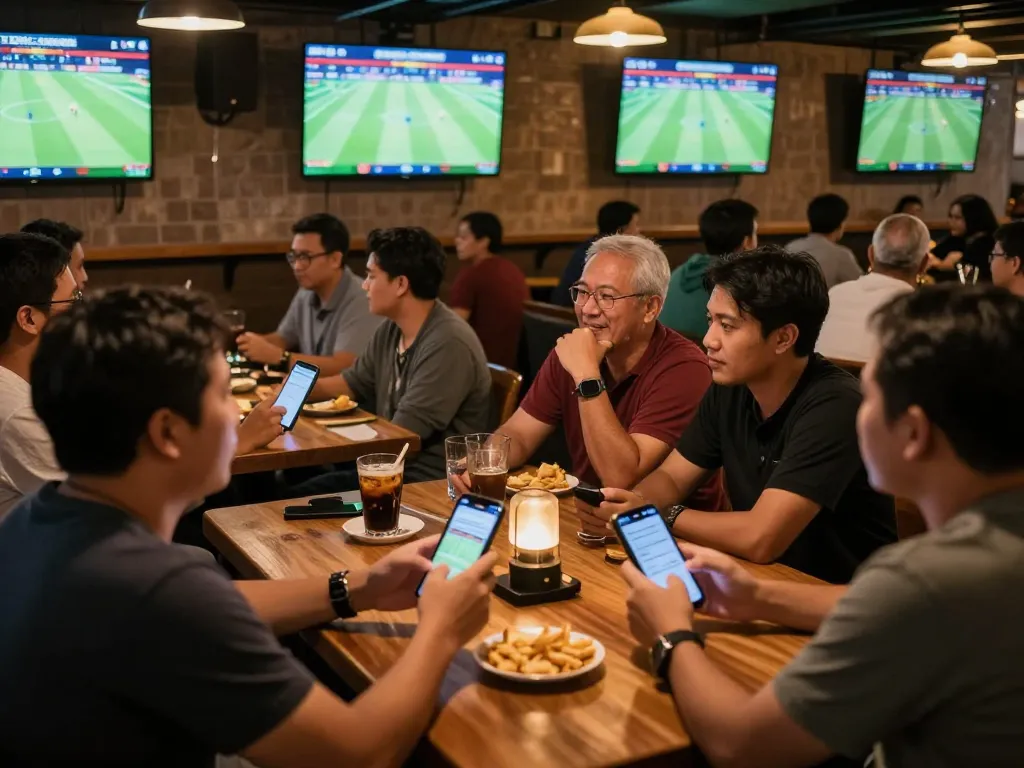 Pelanggan yang terlibat merayakan taruhan Judi Bola selama pertandingan sepak bola langsung di bar olahraga yang ramai.