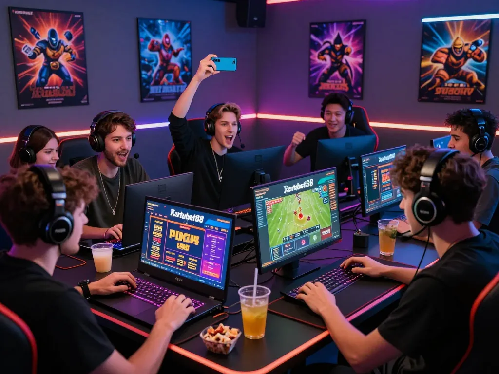 Engaging gaming scene with friends celebrating wins on Kartubet88, surrounded by lively decor and gaming setups.