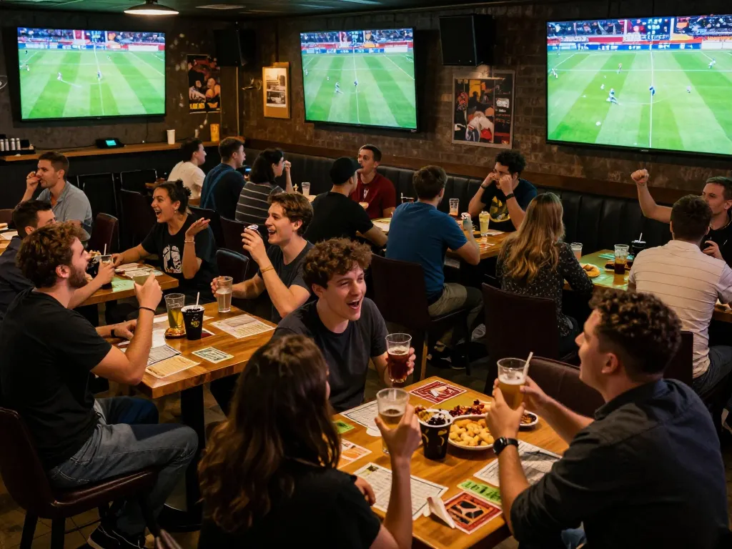 SOCOLIVE sports fans engaging in live betting while watching soccer matches in a vibrant sports bar.