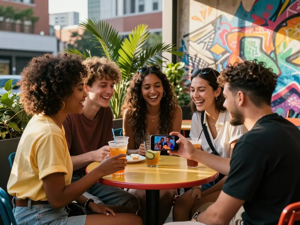 A group of friends at an outdoor café sharing NSFW content on a smartphone, vibrant urban lifestyle setting.