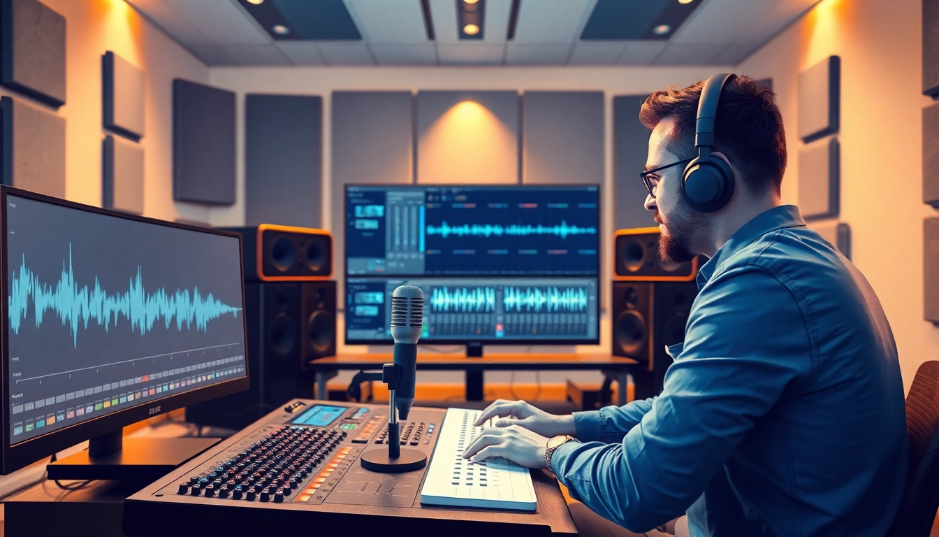 Engaging professional using online mastering services in a modern studio setting with soundwaves.