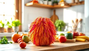 Clean kitchen loofah scrubber surrounded by fresh produce in a sunlit kitchen.