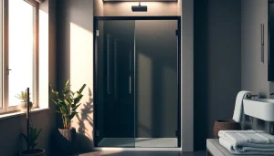 Explore a stylish black shower door that enhances a modern bathroom's elegance.