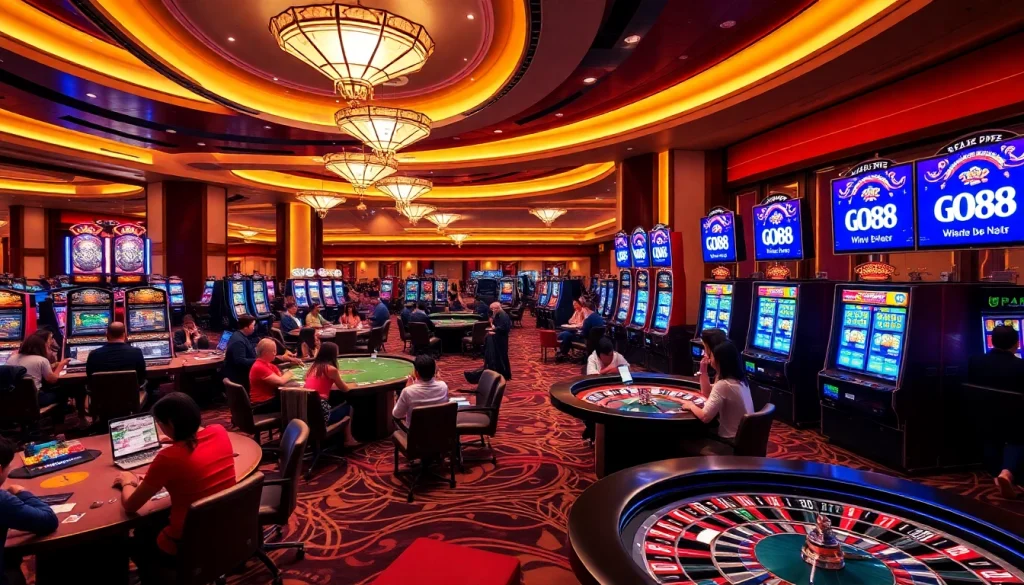 Exciting gaming atmosphere at GO88 casino with players enjoying poker and slot machines.