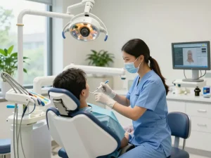 Dental chairs in a modern dental clinic scene showcasing comfort and advanced technology for patient care.