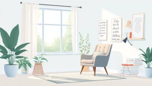 Meditative workspace promoting mental wellness with calming colors and cozy elements.