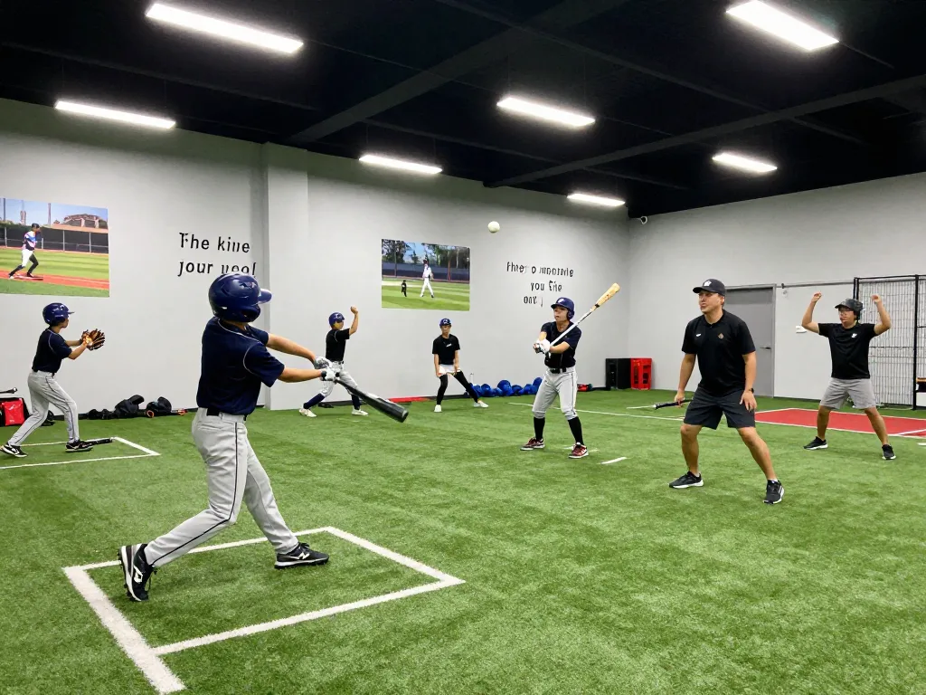Hitclub baseball training scene showcasing young athletes practicing batting skills in an energetic indoor facility.