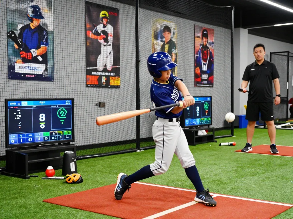 Young athlete at hitclub batting cage focusing on swing technique and analytics in a vibrant training atmosphere.