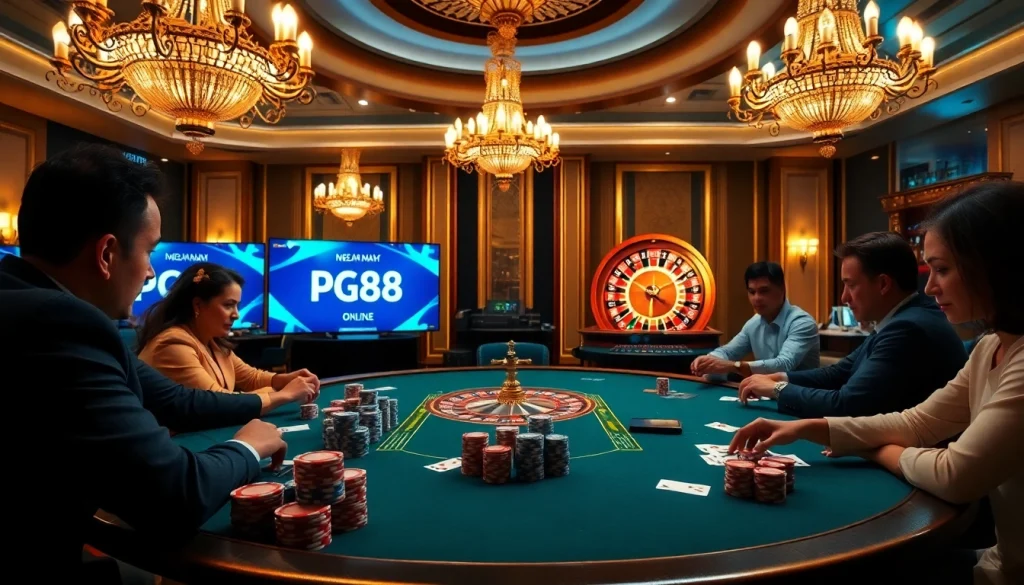 Engaged players at a pg88 poker table in a luxurious casino atmosphere.