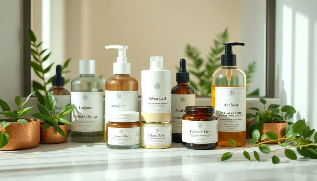 Microbiome friendly skincare products displayed elegantly, emphasizing natural ingredients and wellness.