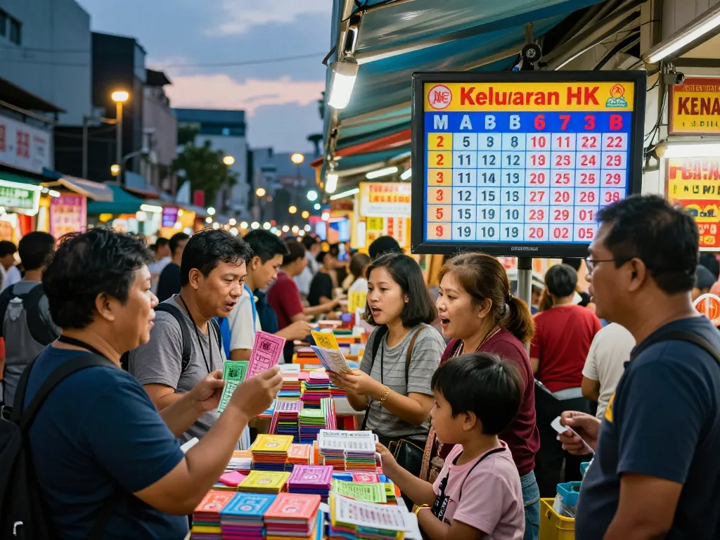 Pemandangan pasar Keluaran HK dengan keluarga memeriksa hasil lotere dan penjual menjual tiket.