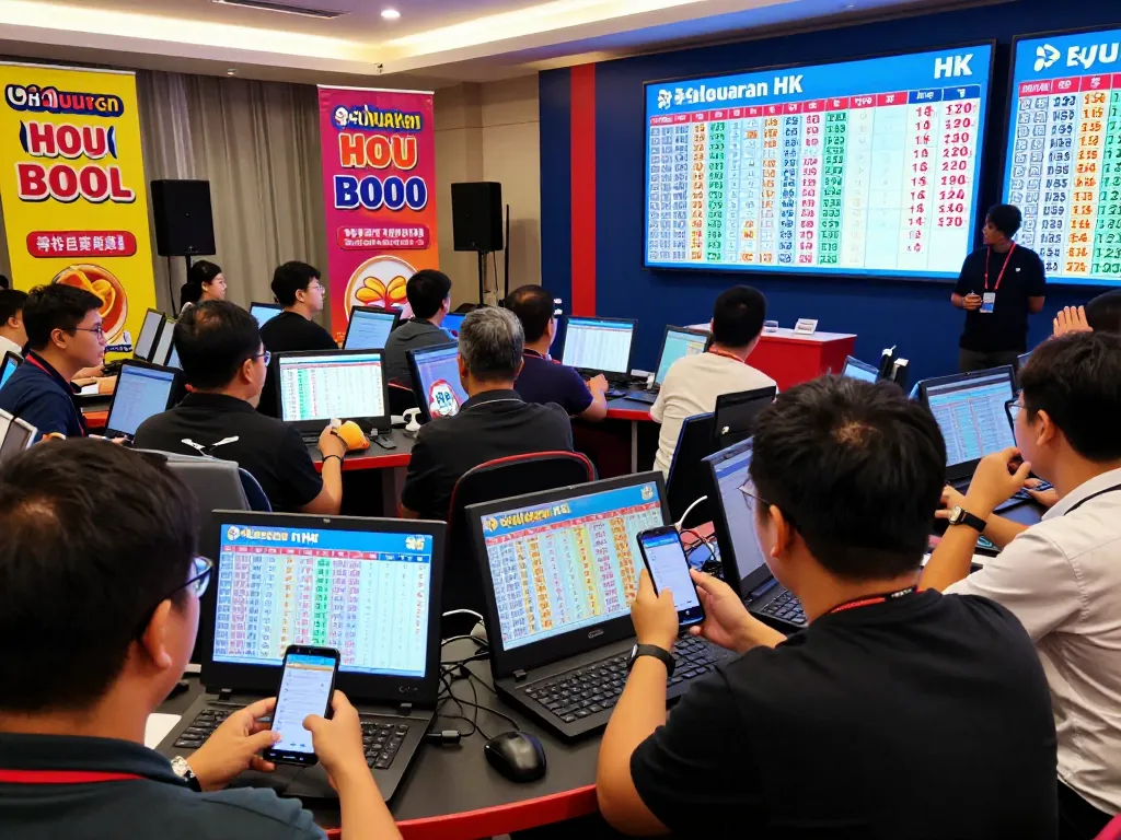 Acara undian Keluaran HK secara langsung dengan pemain yang antusias melihat hasil dan menggunakan perangkat digital.