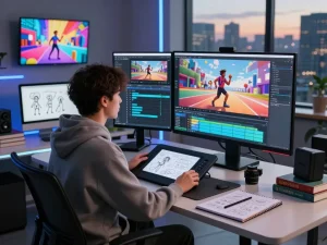 Creative workspace with a video creator using Kling motion ai, showcasing AI-generated character movements in an innovative studio.
