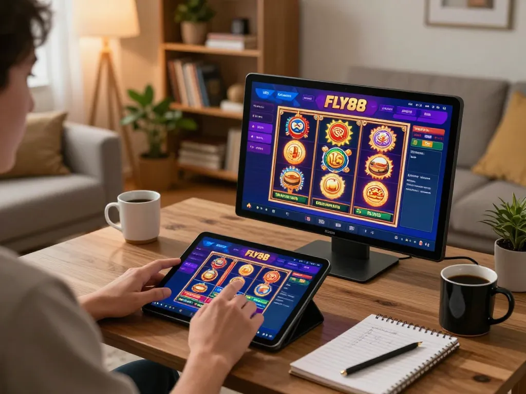 Play on trang chủ fly88 with vibrant slot games in a cozy home setting.