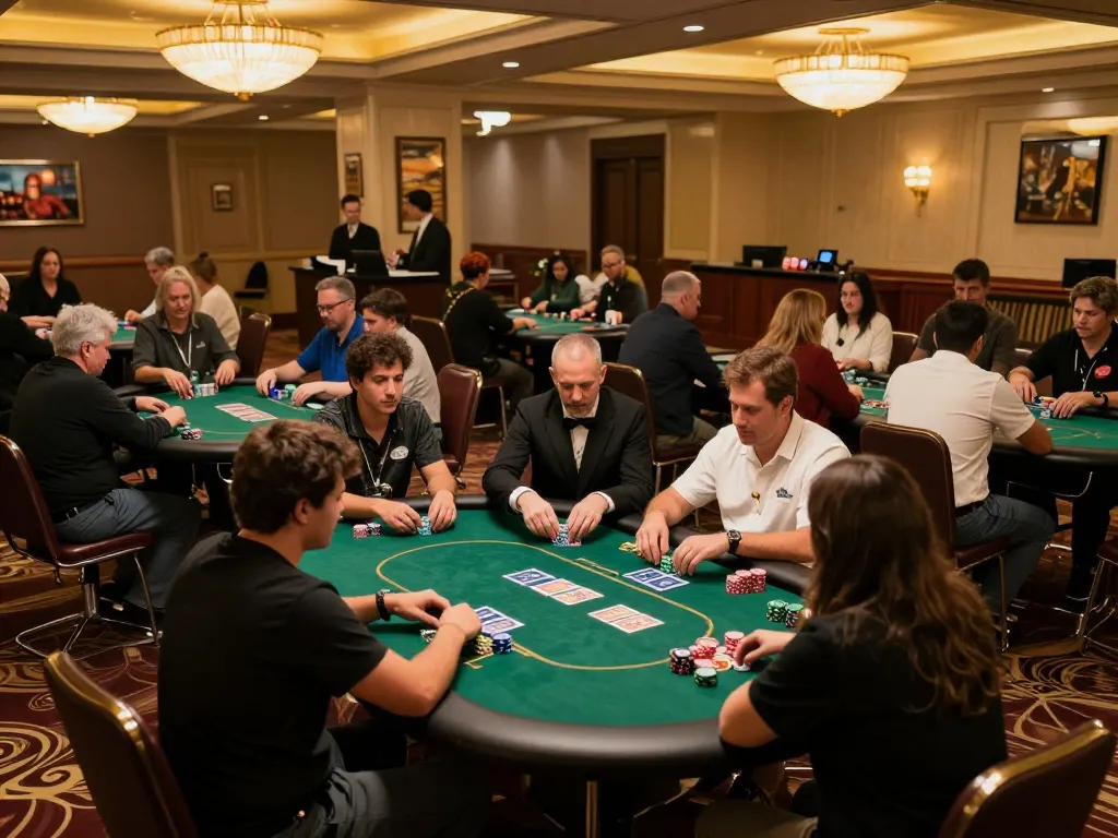 Players strategizing at a high-stakes poker table in a vibrant casino, highlighting sunwingo gameplay.
