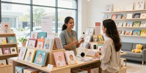 Engaging showcase of Shopware Shops featuring baby albums and unique gift ideas in a vibrant retail environment.