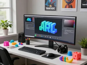 Designer using 3D software for Text to 3D model creation in a vibrant workspace.