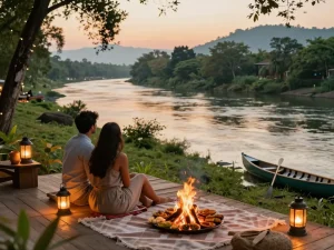Couple relaxing at Dandeli resorts by the riverside, enjoying nature and local cuisine.