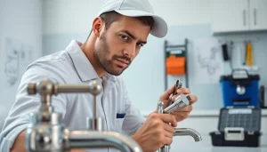 Find a reliable plumber near me fixing faucets in a bright kitchen.