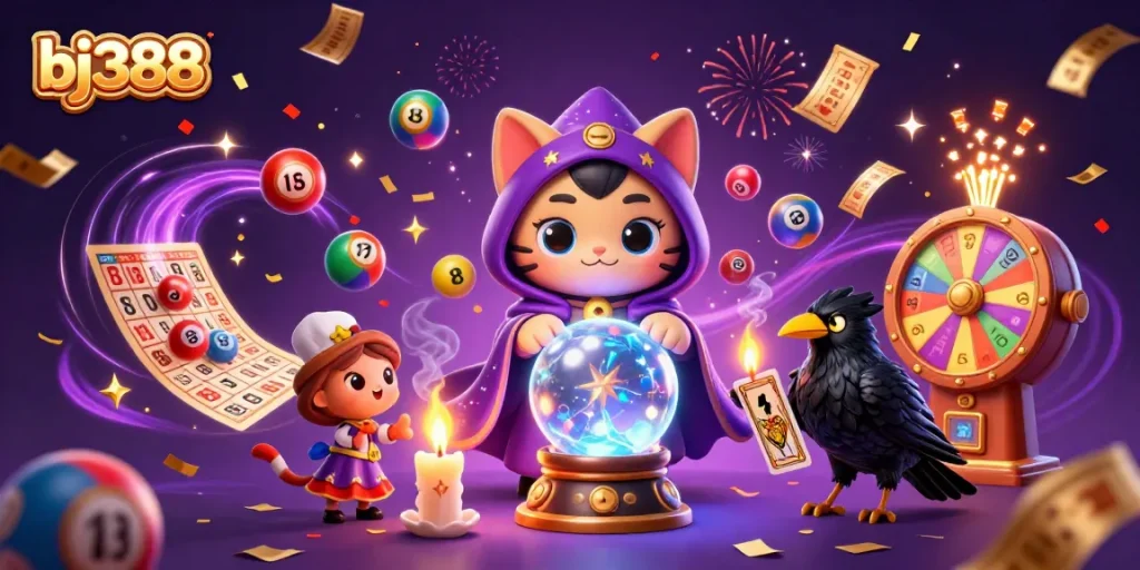 BJ388 offers vibrant gameplay with a mystical cat and raven in a colorful gambling scene.