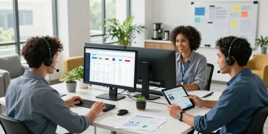 Team collaborating in a modern workspace using CRM with built-in marketplace to optimize service management.