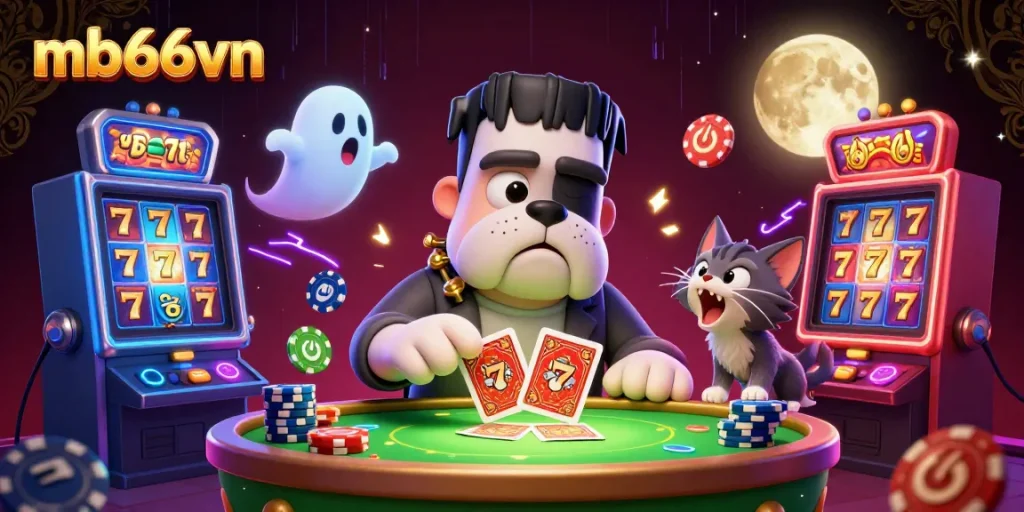 Engage in thrilling gameplay with mb66vn featuring a cartoon bulldog dealer and glowing slot machines.