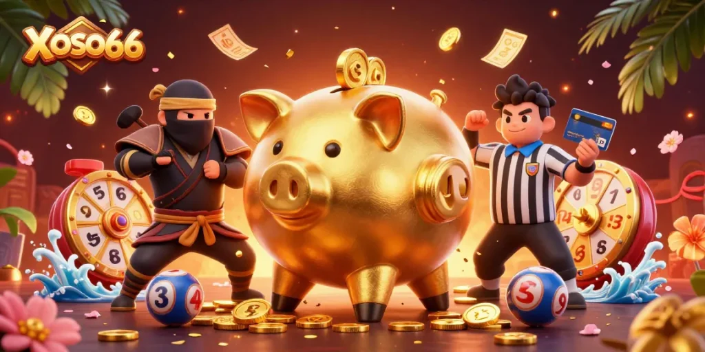 XOSO66 energizes players with vibrant lottery scenes featuring dynamic characters and prize elements.