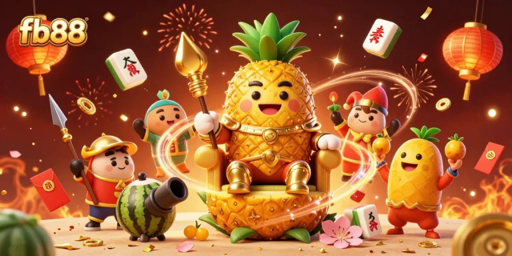 Experience exciting gameplay at fb88 with a vibrant casino scene featuring a pineapple king and festive game elements.