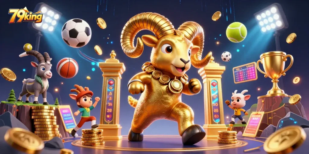 Win big at 79king with this vibrant illustration of a golden ram charging through casino gates.