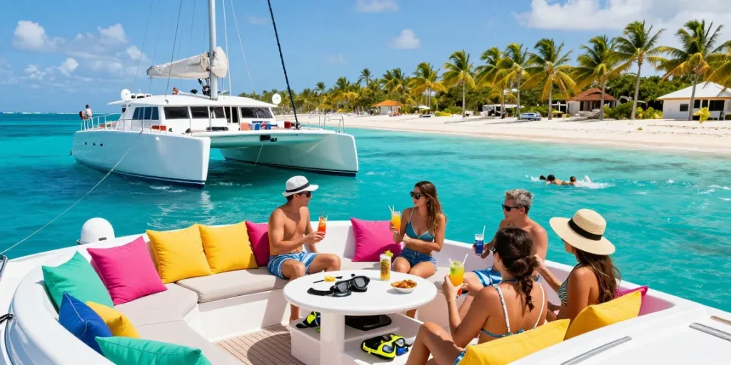 Experience the luxury of Punta Cana yacht rental with a private catamaran anchored near Saona Island, showcasing joy and tropical beauty.