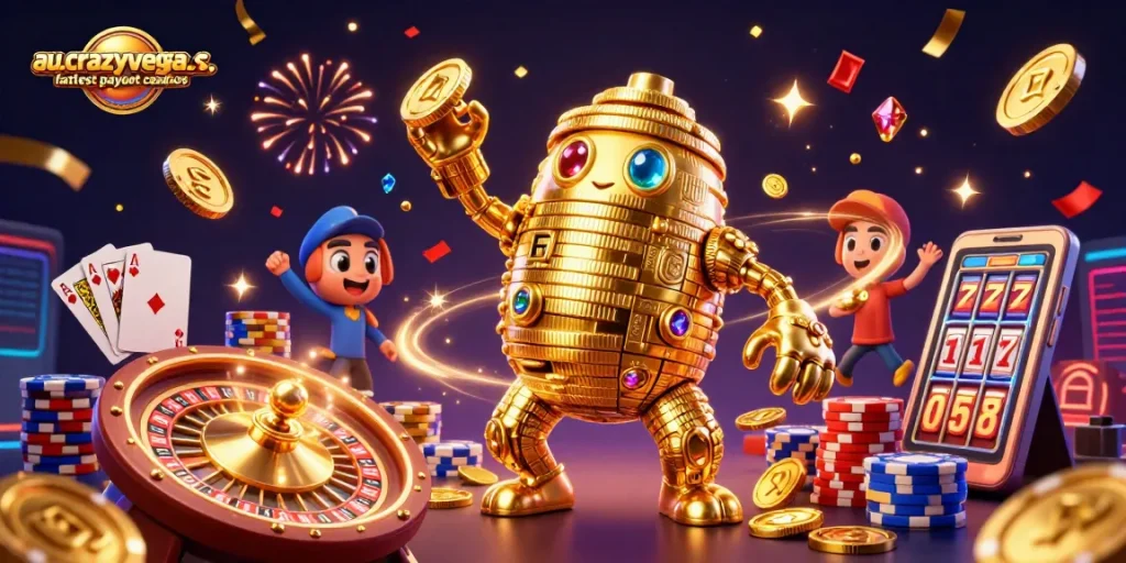 Experience the excitement of au.crazyvegas.com fastest payout casinos with an animated 3D golden golem and vibrant casino elements.