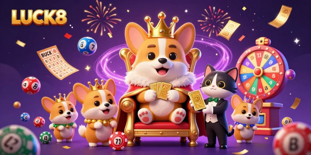 LUCK8 features a royal corgi surrounded by casino elements in a dazzling 3D illustration.