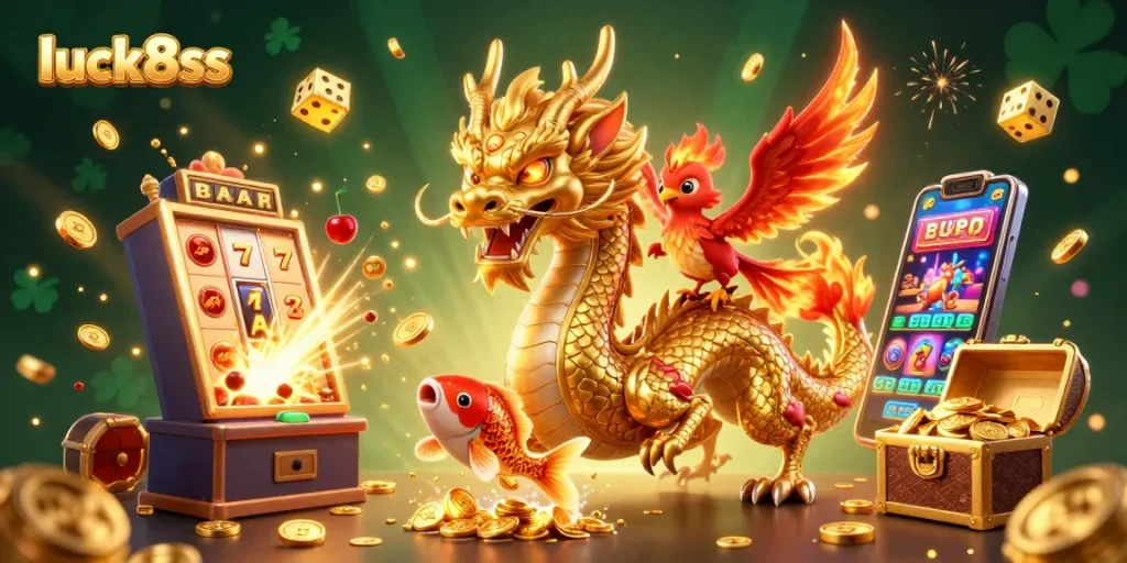 Win big with luck8ss in a vibrant casino scene featuring epic characters and symbols.