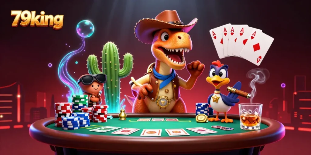 Engage in thrilling poker with 79king alongside a cartoon dinosaur and sidekick in vibrant casino scene.