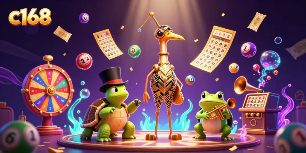 Join the excitement at c168 with colorful lottery elements and vibrant casino characters
