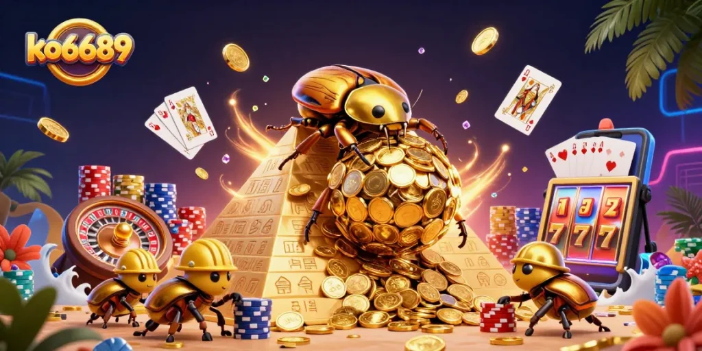 Engage with the thrilling world of ko6689, showcasing a colorful casino scene with golden coins and vibrant game symbols.