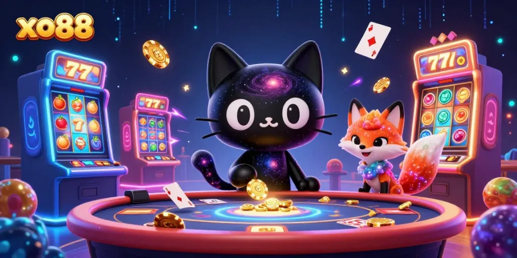Engage in thrilling gaming at xo88 with vibrant casino elements and cosmic characters.