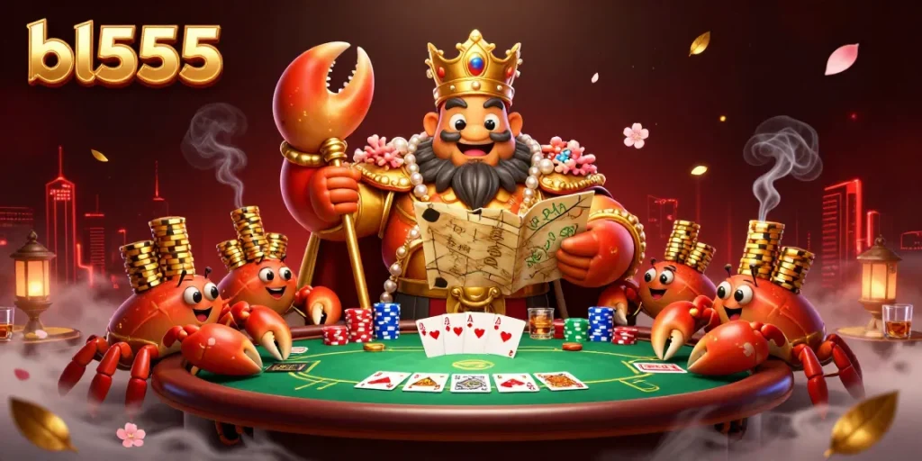 Experience the exciting world of bl555 with a golden crab emperor leading a vibrant 3D casino scene.