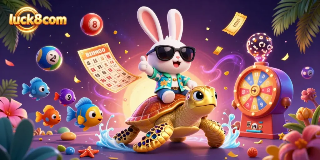 Experience luck and thrill at luck8com with a lucky rabbit and golden turtle in a vibrant casino scene.