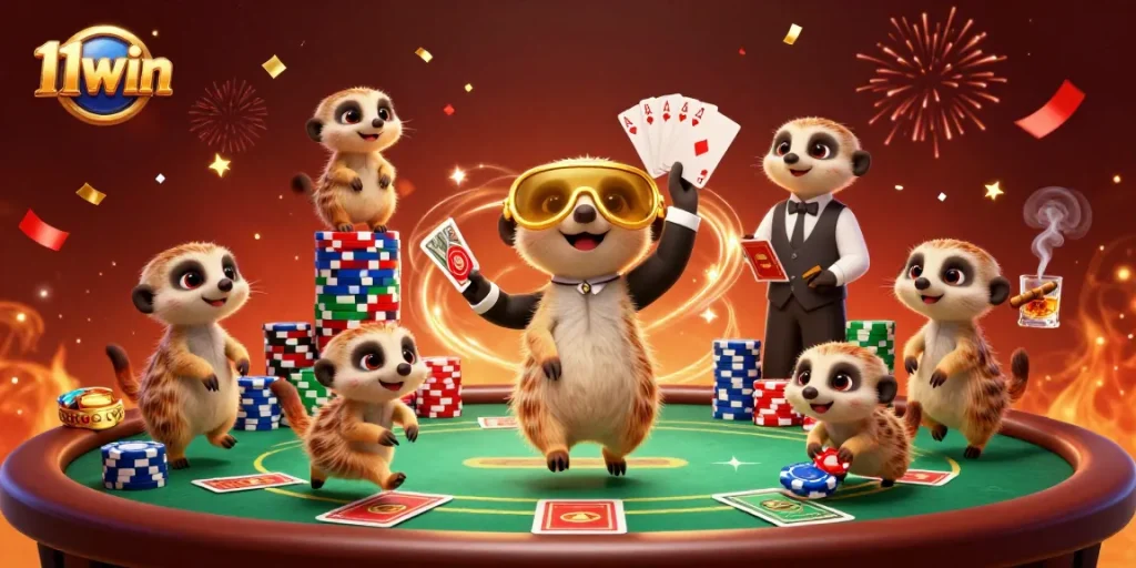 Experience thrilling gameplay at 11win with lively meerkats running a bustling casino.