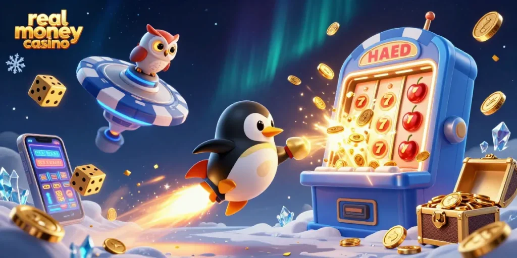 Experience the thrill of a real money casino with a lively 3D scene featuring vibrant gaming elements.
