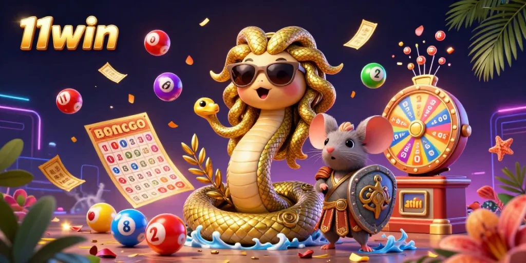 Engage with 11win’s vibrant lottery scene featuring cute Medusa, a warrior mouse, and dynamic game elements.