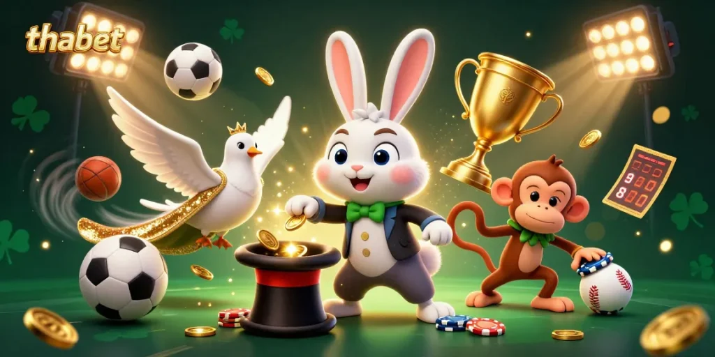 Experience the excitement of thabet with a whimsical 3D illustration showcasing magic, sports, and gaming elements.