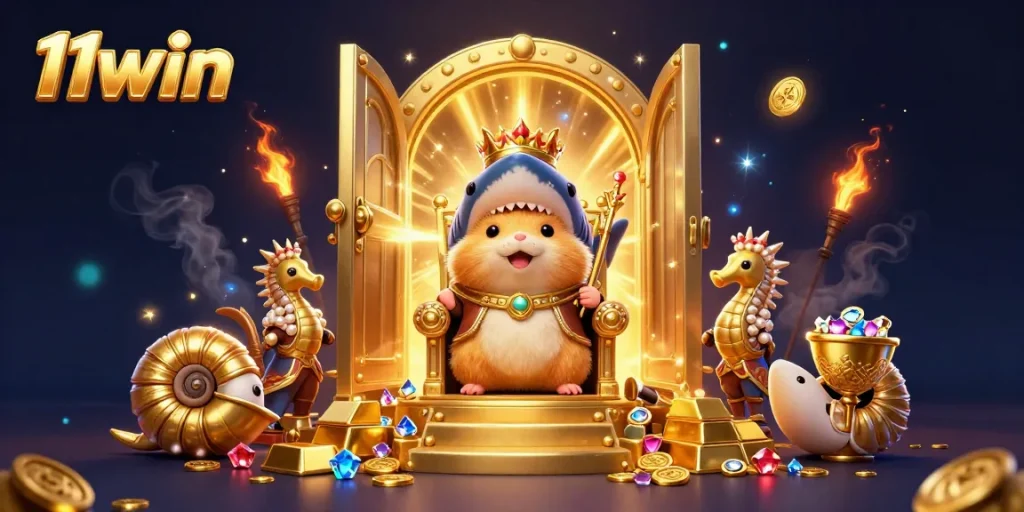 Experience the thrill at 11win with a vibrant digital illustration of gaming royalty and treasures.