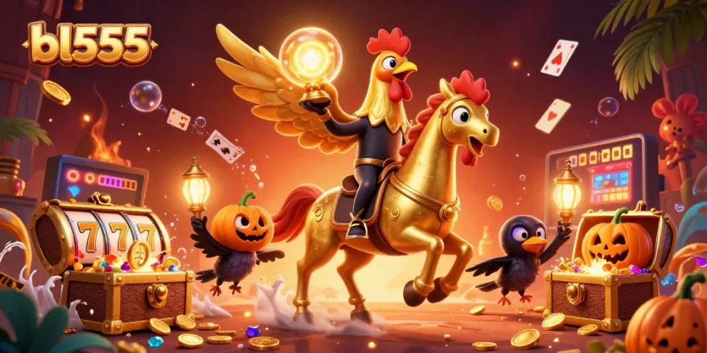 Engage in thrilling gameplay at bl555, experiencing a vibrant casino scene full of golden treasures and playful characters.