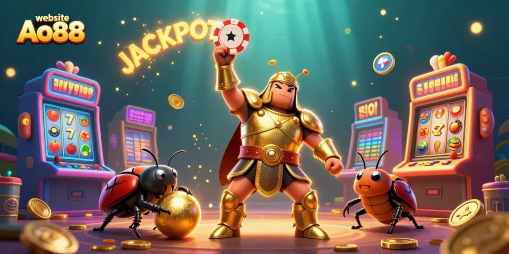Experience the excitement of winning with website Ao88 in this dynamic casino-themed illustration.