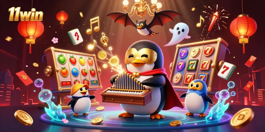 11win showcases an exciting scene of a phantom opera penguin playing a coin-shooting organ amidst glowing casino elements.