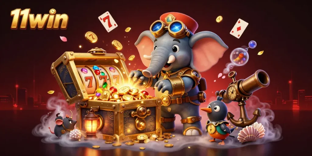 Spin and win at 11win with a steampunk elephant operating a golden slot machine.