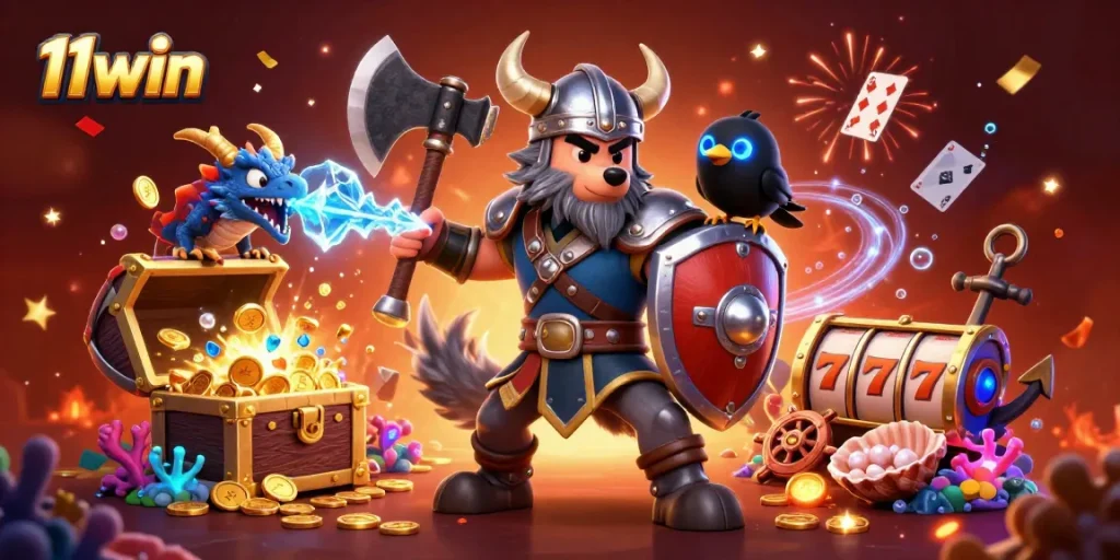 Experience exciting gaming with 11win featuring a Viking wolf warrior and dynamic slot elements.