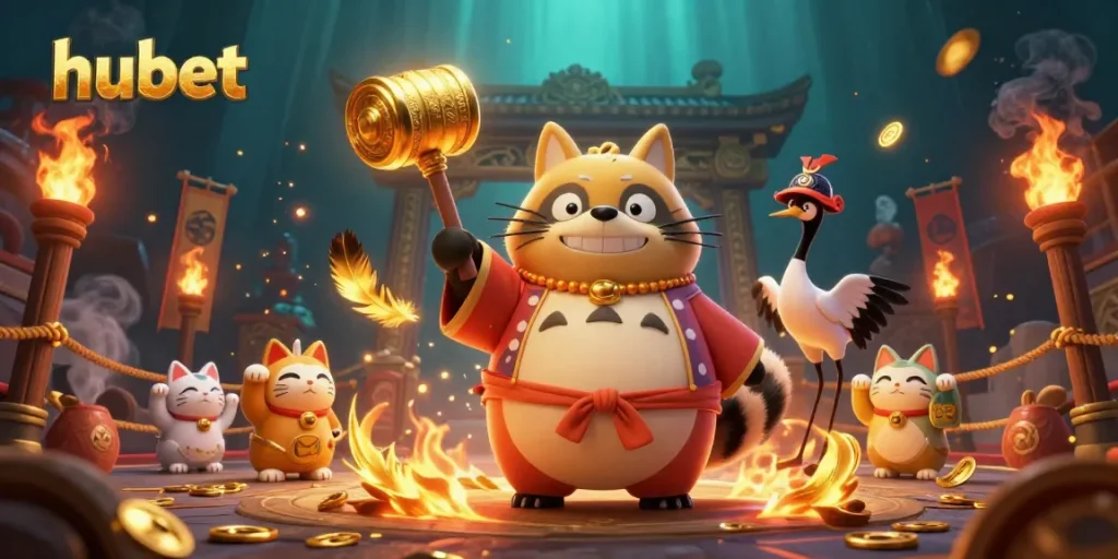 Engage with hubet's dynamic gambling scene featuring a cheerful tanuki and lucky symbols.
